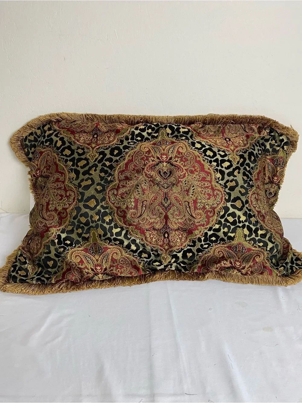 Sherry Kline Home Black, Gold and Red Paisley Leopard Fringe Accent Pillow sham